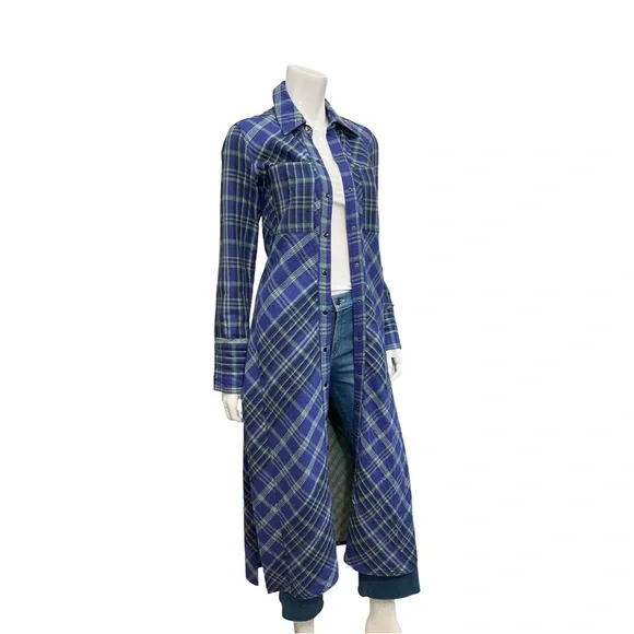 FREE PEOPLE We The Free Ruth Long Plaid Shirt Dress Cobalt Combo Maxi Size 2 - Picture 2 of 8